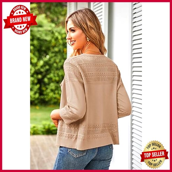 Cropped Cardigan Crochet 3/4 Sleeve Lightweight Shrug Elegant Chic Boho Knit - Picture 3 of 7